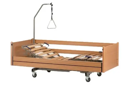 [4148] Elektrisches Pflegebett - Belluno - 90x200cm - Einzelradbremse - durchgehende Seitengitter - Federholzleisten - Buche gedämpft R24034 - Typ VIII - Matratzenausgleich